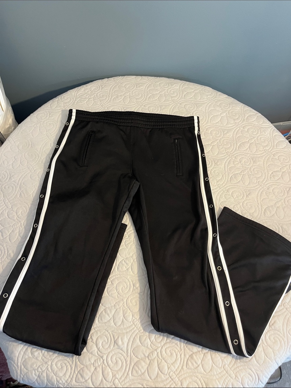 One Step Ahead Black Track Pants with White Snap-Trim
